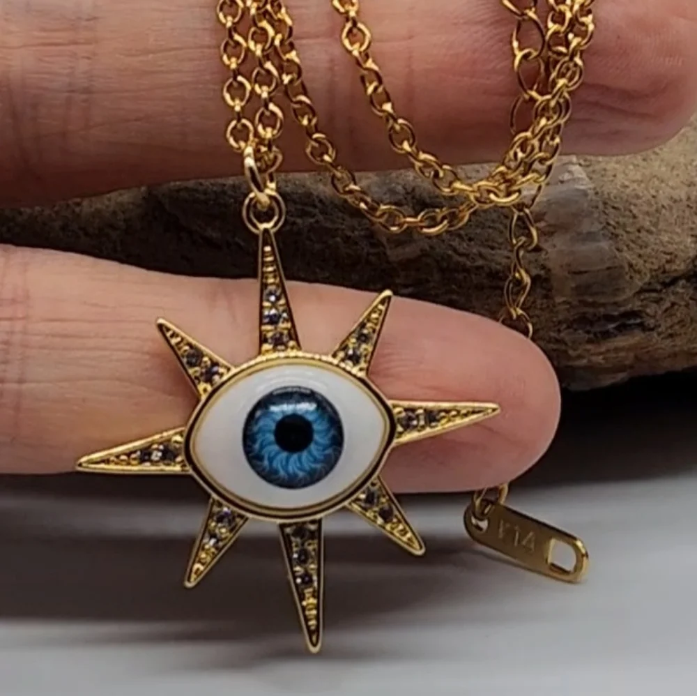 Rhodium 14K Gold Plated Chain Moroccan Evil Eye Star Mystic Pendant